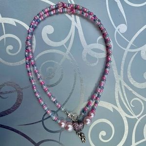 beaded necklace with teddy bear and heart charm